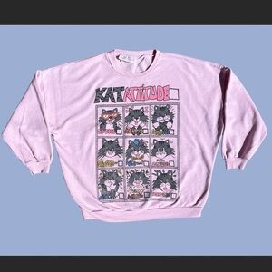 Vtg 80s KatAttitde Cat Sweatshirt S Pink Oversized Slouchy Cropped